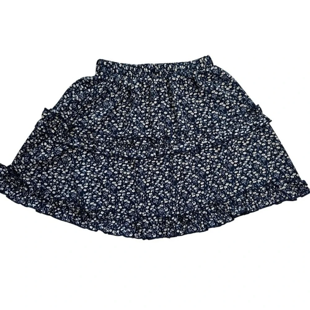 SHEIN Navy Blue Floral Ditsy Tiered Ruffle Mini Skirt Small Elastic Waist Womens